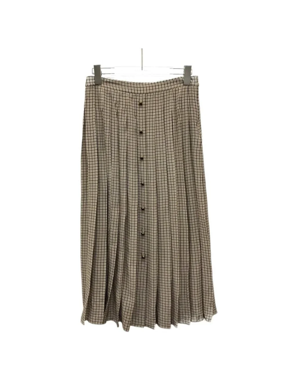 Prada 2023 Brown Houndstooth Silk Pleated A-Line Skirt